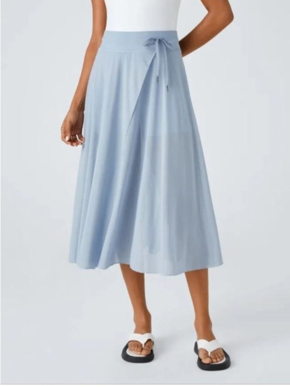 Stretch Waist Drawstring Contrast Mesh 2-in-1 Pocket Flowy Midi Skirt